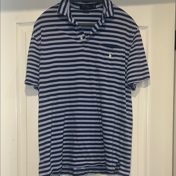 Men’s 90s Style Baby Blue & Navy Striped Cotton Polo Shirt - Picture 1 of 4
